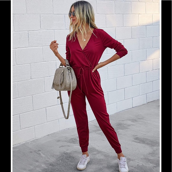 🆕V Neck Drawstring Waist Jumpsuit with Pockets - Picture 2 of 3